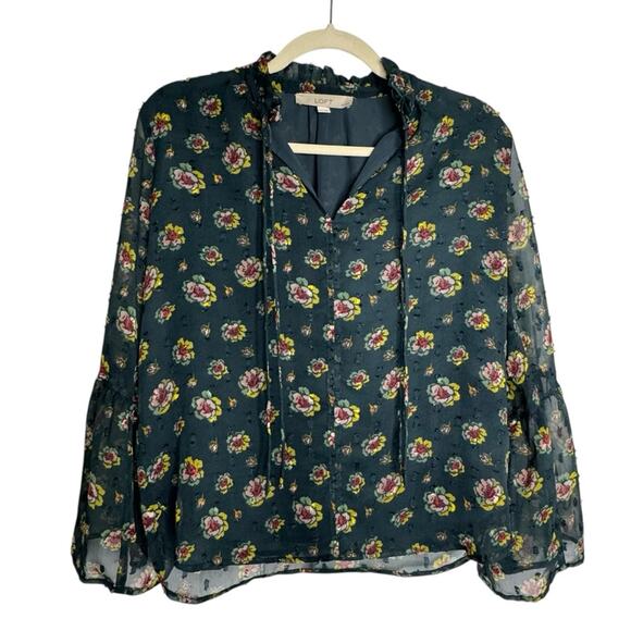 LOFT Bell Sleeve Blouse with Mandarin Collar Floral Print Chiffon XSP to Small - Picture 12 of 12
